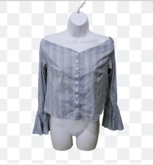 Free People Striped Blue Off Shoulder Blouse Bell Sleeve XS - Picture 14 of 14